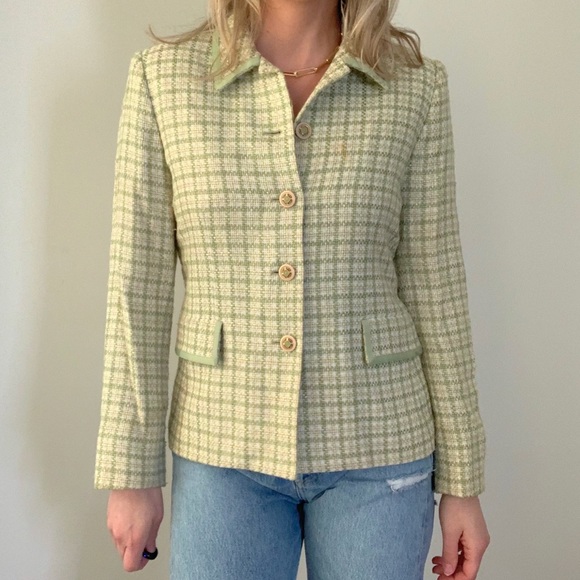 Vintage Pistachio Green Tweed Blazer Jacket Small - Picture 3 of 8